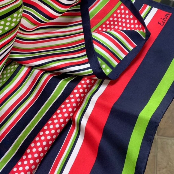 Vintage Echo 100% Pure Silk Striped Polkadot Scarf 45” x 15” - Picture 4 of 17